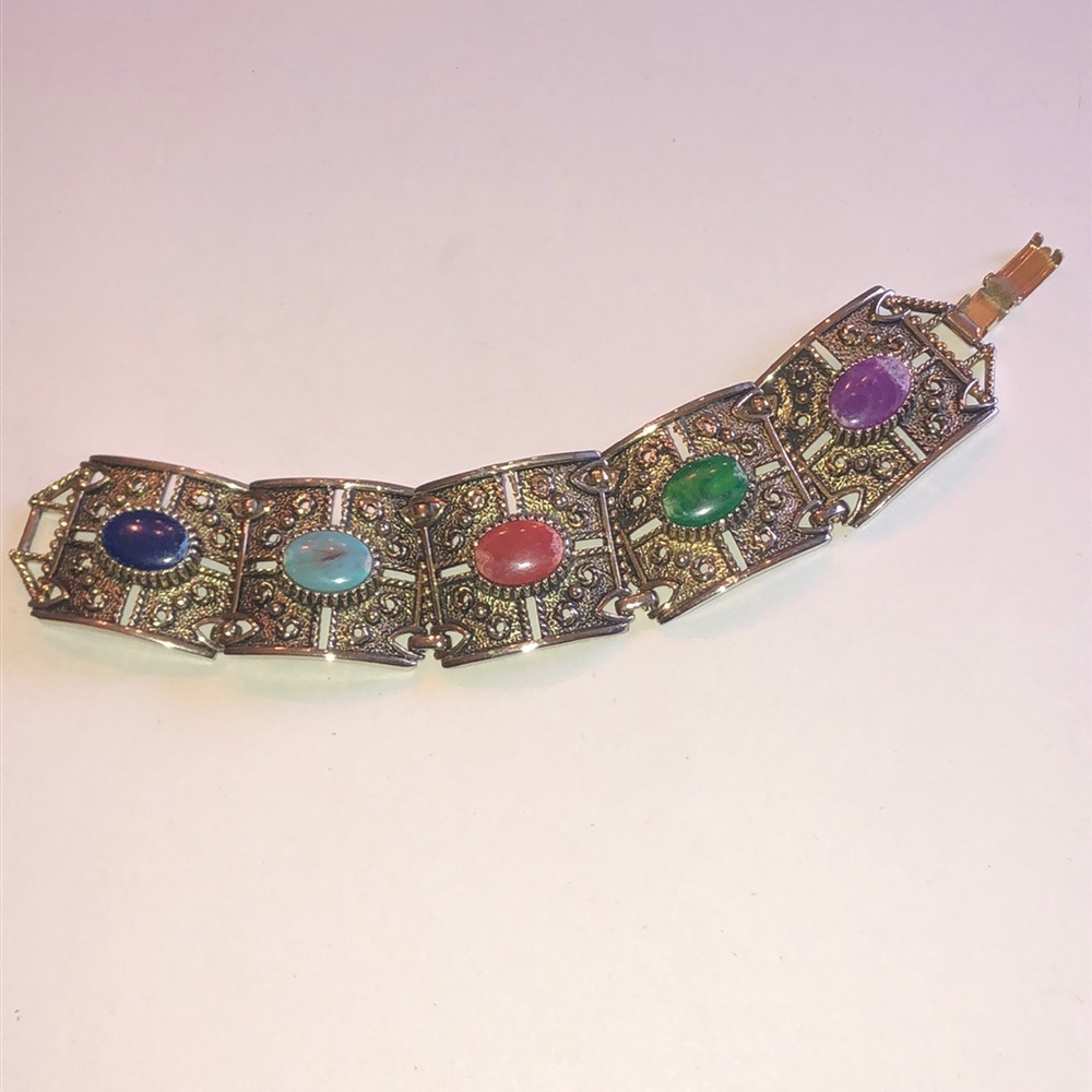 Sarah Coventry Vintage Ornate Link Bracelet with Colored Cabochons - Picture 2 of 8